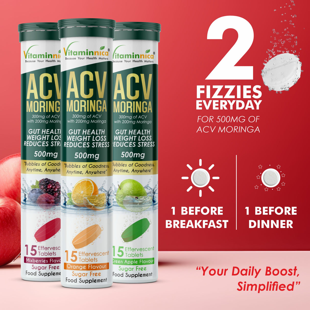 Vitaminnica ACV Moringa Effervescent- 15 Tablets | Supports Digestion, Detox & Weight Management