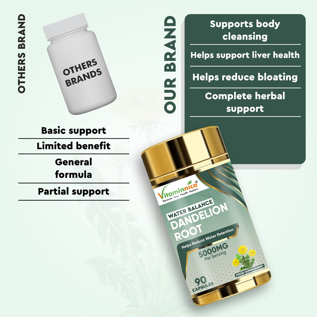Vitaminnica Dandelion Root Capsules High Strength 5000mg- 90 Vegan Herbal Supplements | Natural Liver Cleanse Detox Support & Fluid Balance