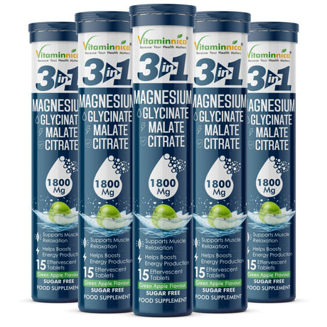 Vitaminnica Magnesium 3-in-1- 15 Effervescent Tablets | Malate, Glycinate & Citrate for Muscle Health, Relaxation and Stress