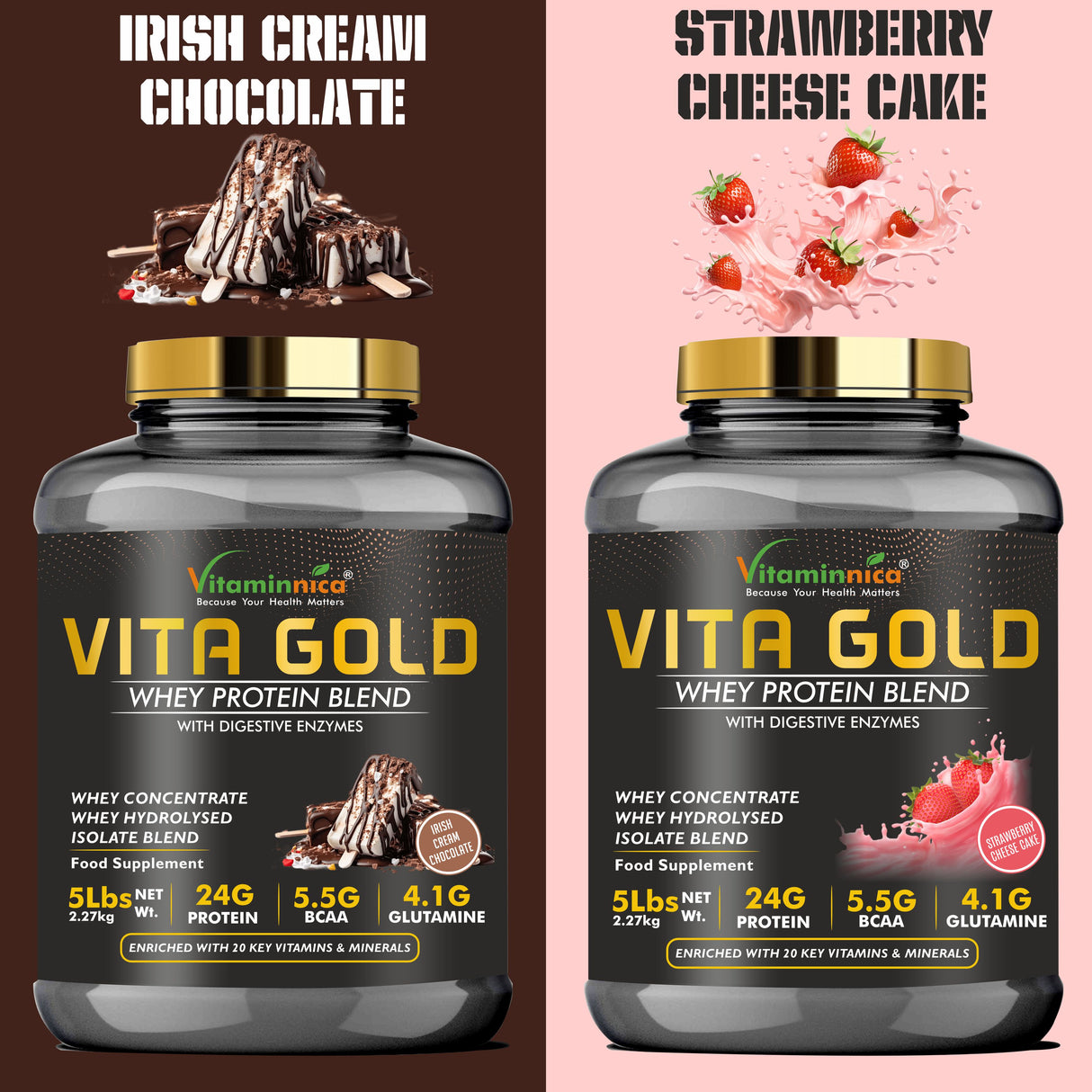 Vitaminnica Vita Gold Whey Protein Blend | Whey Concentrate, Hydrolysed, Isolate Blend | 5 Lbs- 75 Servings
