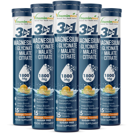 Vitaminnica Magnesium 3-in-1- 15 Effervescent Tablets | Malate, Glycinate & Citrate for Muscle Health, Relaxation and Stress