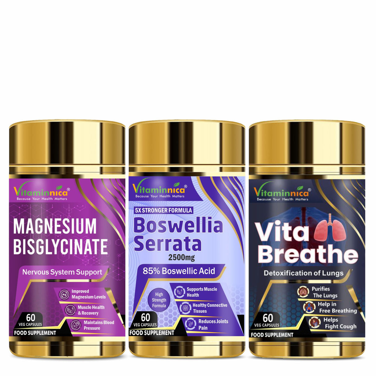 Vitaminnica Magnesium Bisglycinate+ Boswellia Serrata+ Vita Breathe- Combo Pack| 180 Capsules