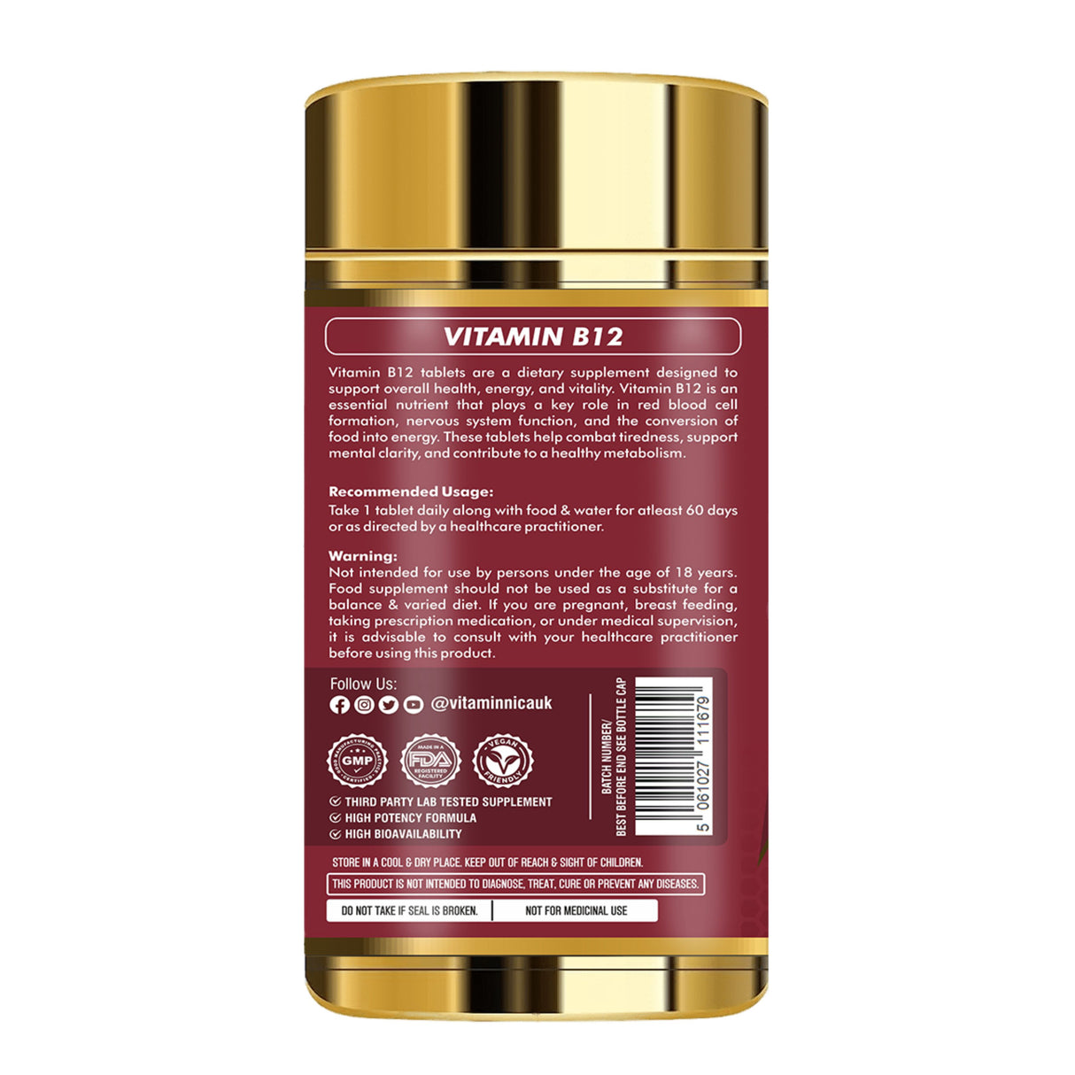 Vitaminnica Vitamin B12 180 Tablets – High Strength Energy & Fatigue Support Supplement – Nervous System, Red Blood Cell Formation & Immune Health