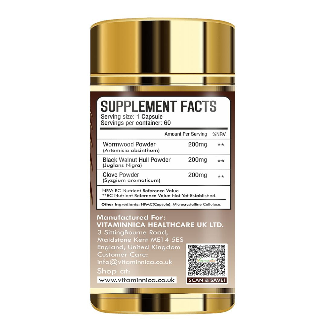 Vitaminnica Wormwood Black Walnut and Clove Capsules High Strength | 3 in 1 Herbal Gut Cleanse & Intestinal Microbiome Balance Complex | 60 Vegan Digestive Health Supplements