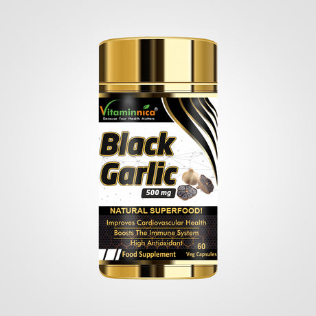 Image showing a bottle of Vitaminnica Black Garlic supplement with 60 capsules, promoting improved immunity and heart health