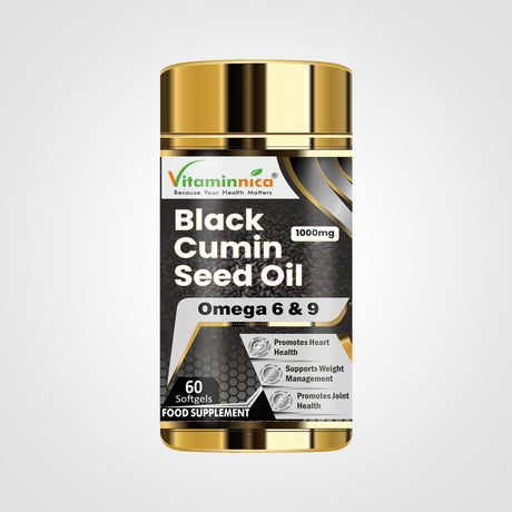 Photo featuring Vitaminnica Black Cumin Seed Oil capsules, each containing 1000mg, in a quantity of 60
