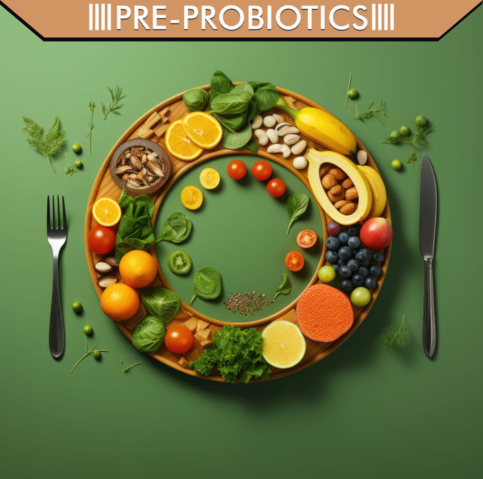 A plate of fruits and vegetables with the words pre-probiotics positioned above