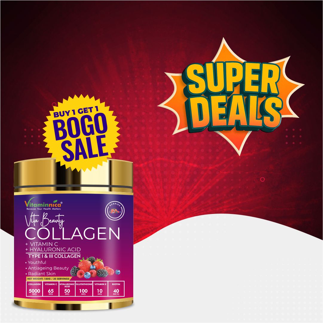 Vitaminnica Vita Beauty Premium Bovine Collagen Powder (Type I & III) || Black Friday Sale Offer | Hyaluronic Acid, Glutathione, Vitamin C, Biotin & Vitamin E | For Glowing Skin & Anti-Aging - 30 servings