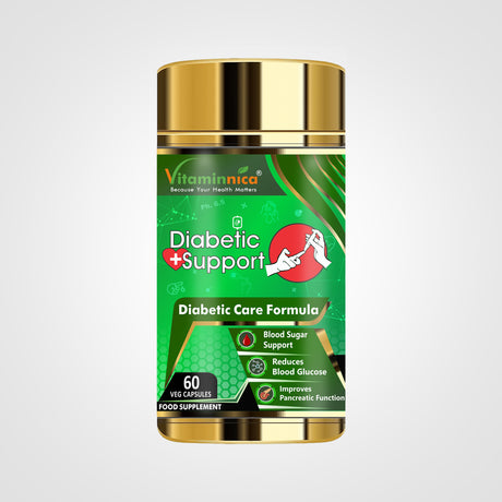 Product image of a green and gold bottle containing 60 capsules of Vitaminnica Diabetic Support supplement
