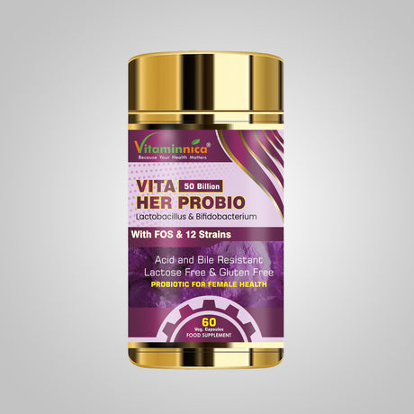 Purple bottle of Vitaminnica Vita Her Probio, a women's probiotic supplement