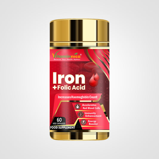 Vitaminnica Iron+Folic Acid- Boosts Energy, Haemoglobin and Immunity - 60 Capsules