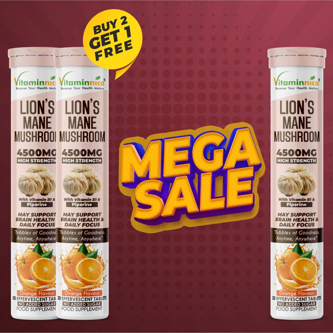 Vitaminnica Lion’s Mane Effervescent Tablets Orange Flavour – Buy 2 Get 1 Free | Cognitive Support, Memory, Focus & Brain Health | Vegan, Sugar Free