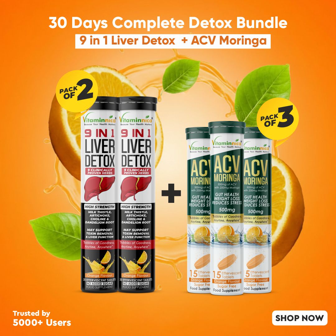 Vitaminnica 9-in-1 Liver Detox + ACV Moringa Effervescent Tablets – Complete Body Detox & Metabolism Support Combo