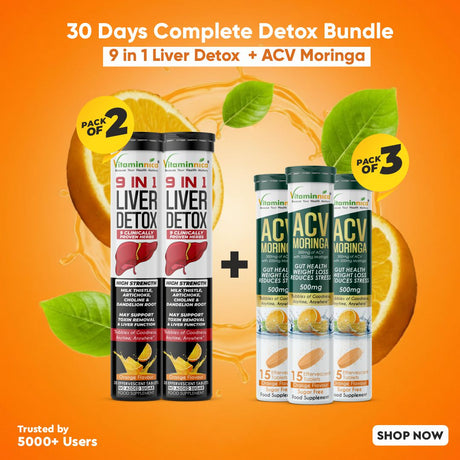 Vitaminnica 9-in-1 Liver Detox + ACV Moringa Effervescent Tablets – Complete Body Detox & Metabolism Support Combo