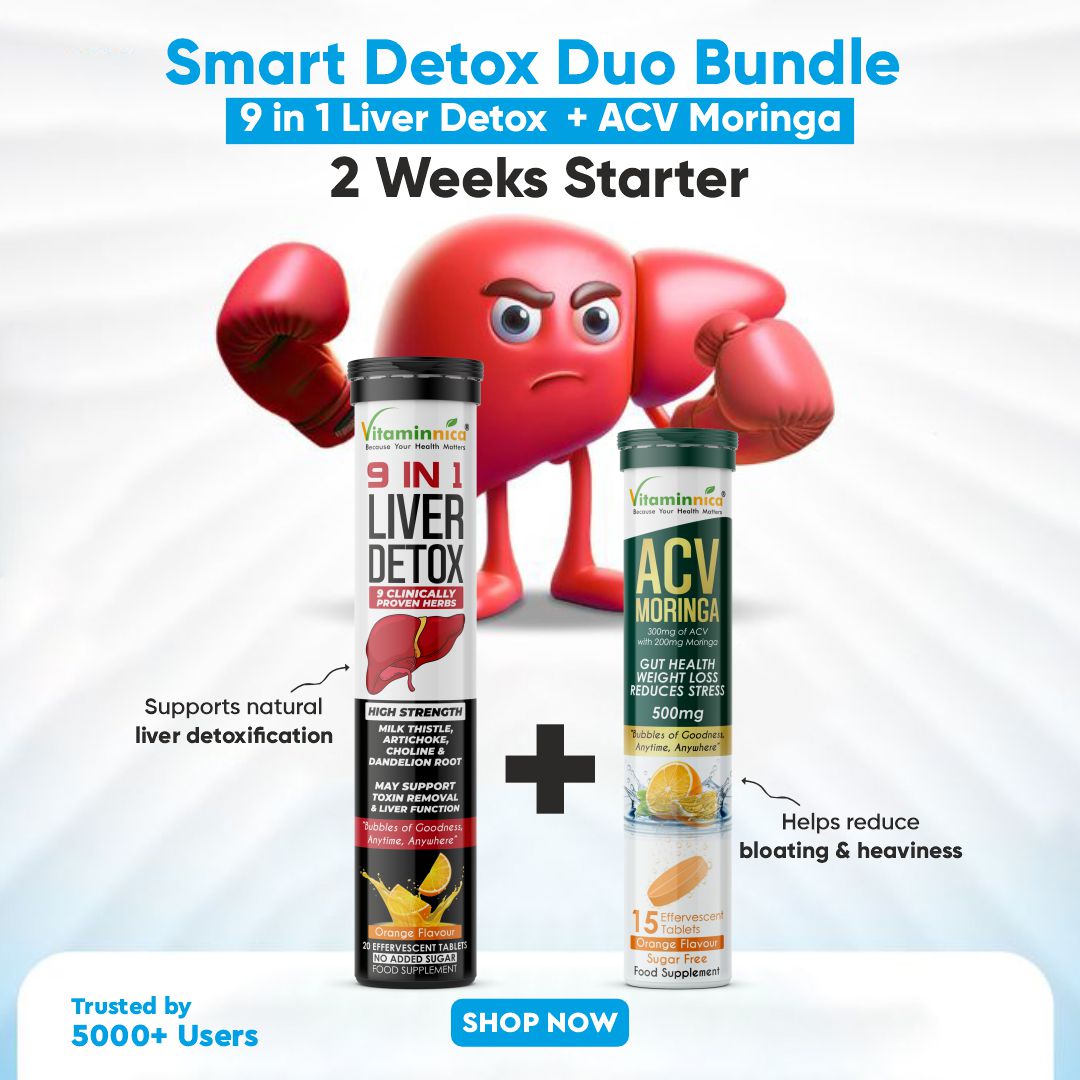 Vitaminnica 9-in-1 Liver Detox + ACV Moringa Effervescent Tablets – Complete Body Detox & Metabolism Support Combo