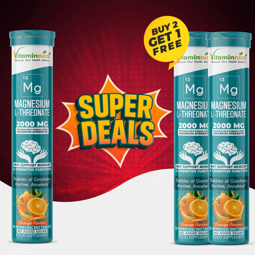 Vitaminnica Magnesium L-Threonate Effervescent Tablets Orange Flavour – Buy 2 Get 1 Free | Brain Health, Memory, Focus, Sleep & Nervous System Support | Vegan, Sugar Free