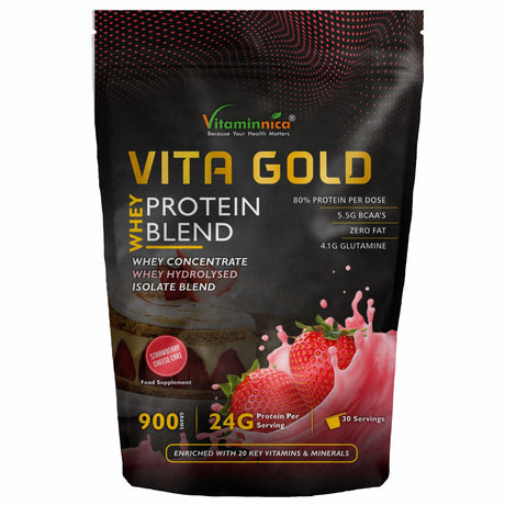 Image of Vitaminnica Vita Gold Whey Protein bag in Strawberry Cheesecake Flavour, 900gms