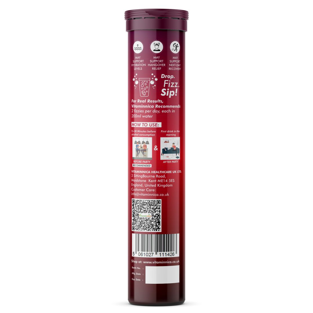 Vitaminnica Pre Booz Anti-Hangover Effervescent Tablets Orange Flavour – Buy 2 Get 1 Free | Hydration, Electrolytes, Vitamins & Liver Support | Before & After Alcohol Supplement