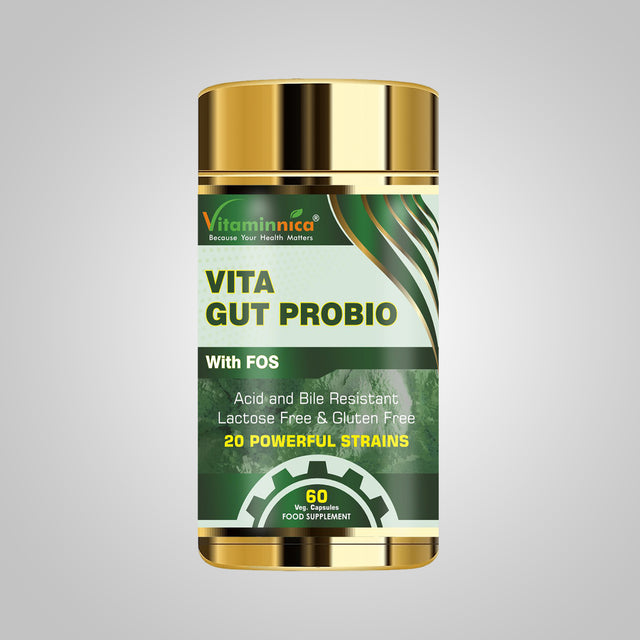 Photograph of Vitaminnica Vita Gut Probio, a gold and green tub containing 60 capsules