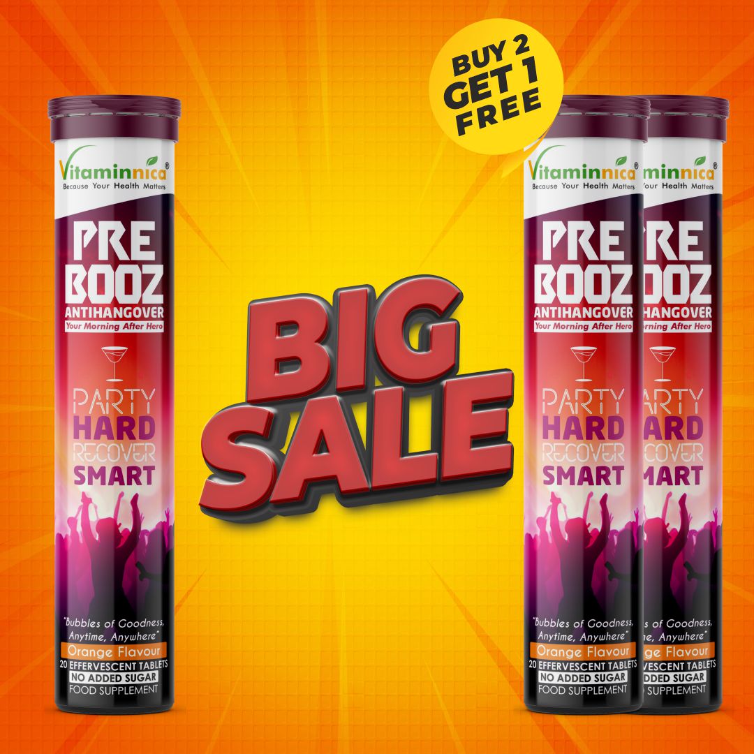 Vitaminnica Pre Booz Anti-Hangover Effervescent Tablets Orange Flavour – Buy 2 Get 1 Free | Hydration, Electrolytes, Vitamins & Liver Support | Before & After Alcohol Supplement